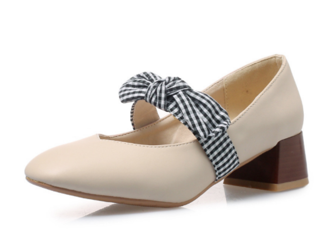 Women's Bow Tie Mary Jane Flat Shoes – PU Leather, Square Toe, Black & Beige, EU 32–54
