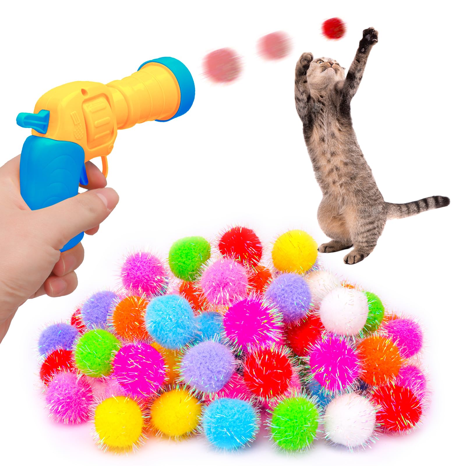 Ensemble de 80 jouets interactifs pour chats – Pompons à paillettes et lanceur de balles