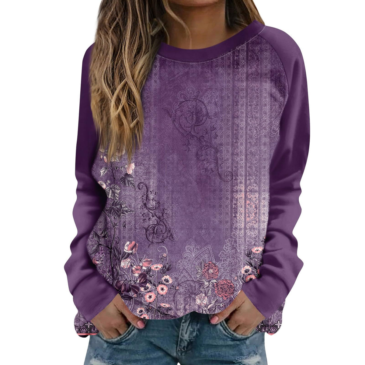 Women's Oversized Floral Print Crewneck Sweatshirt – Red XXL