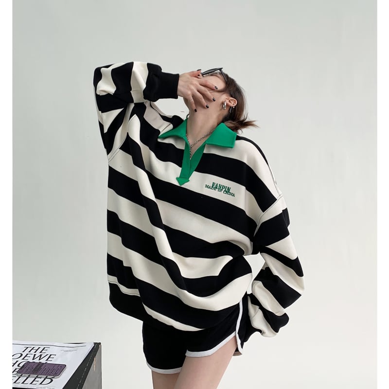 Sweat-shirt brodé rayé unisexe – Pull en coton à revers Noir & Vert | M–2XL