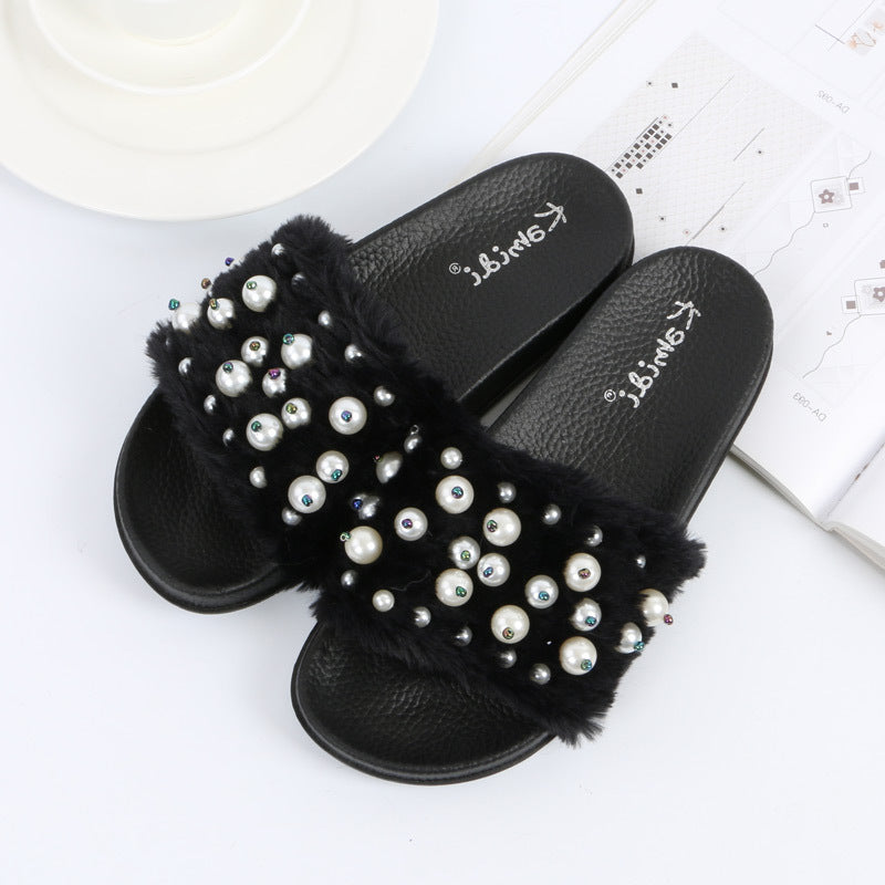 Damen Perl-Verzierte Pelzschuhe – Herbst Winter Flats