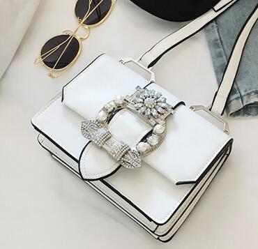 Elegant Women's Diamond Lock Handbag – Pearl Detail PU Leather Shoulder Bag in Black & White