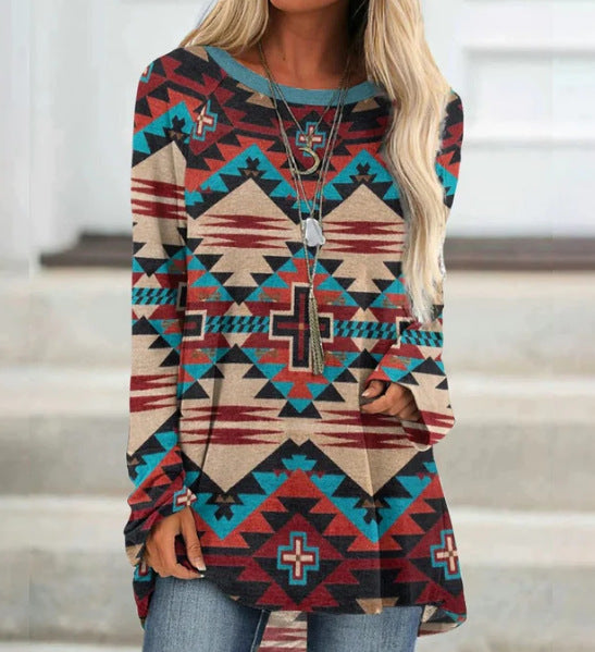 Retro Ethnic Style Long T-Shirt Dress