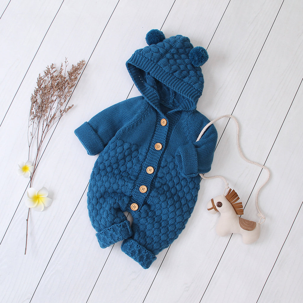 Hooded Knitted Baby Jumpsuit with Fur Ball Design