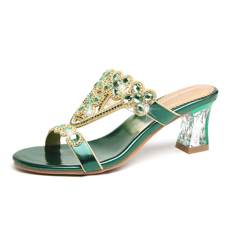 Rhinestone Block-Heeled Diamond Flower Sandals