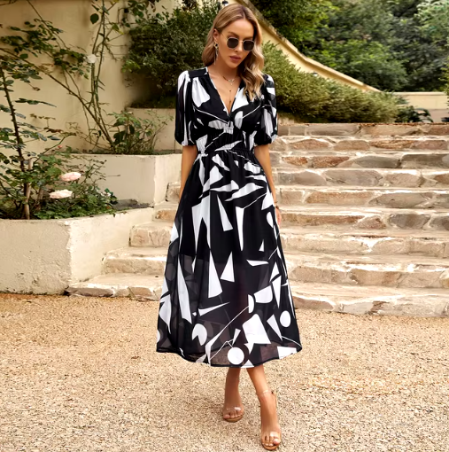 Women's V-Neck Printed Short Sleeve Maxi Dress | Summer Beach Dress
