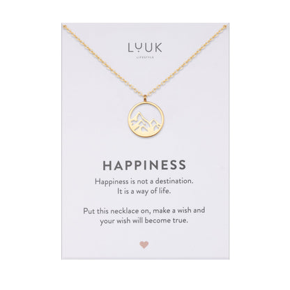 Gold Mountain Peak Coin Necklace – Minimalist Stainless Steel Pendant with Happiness Card