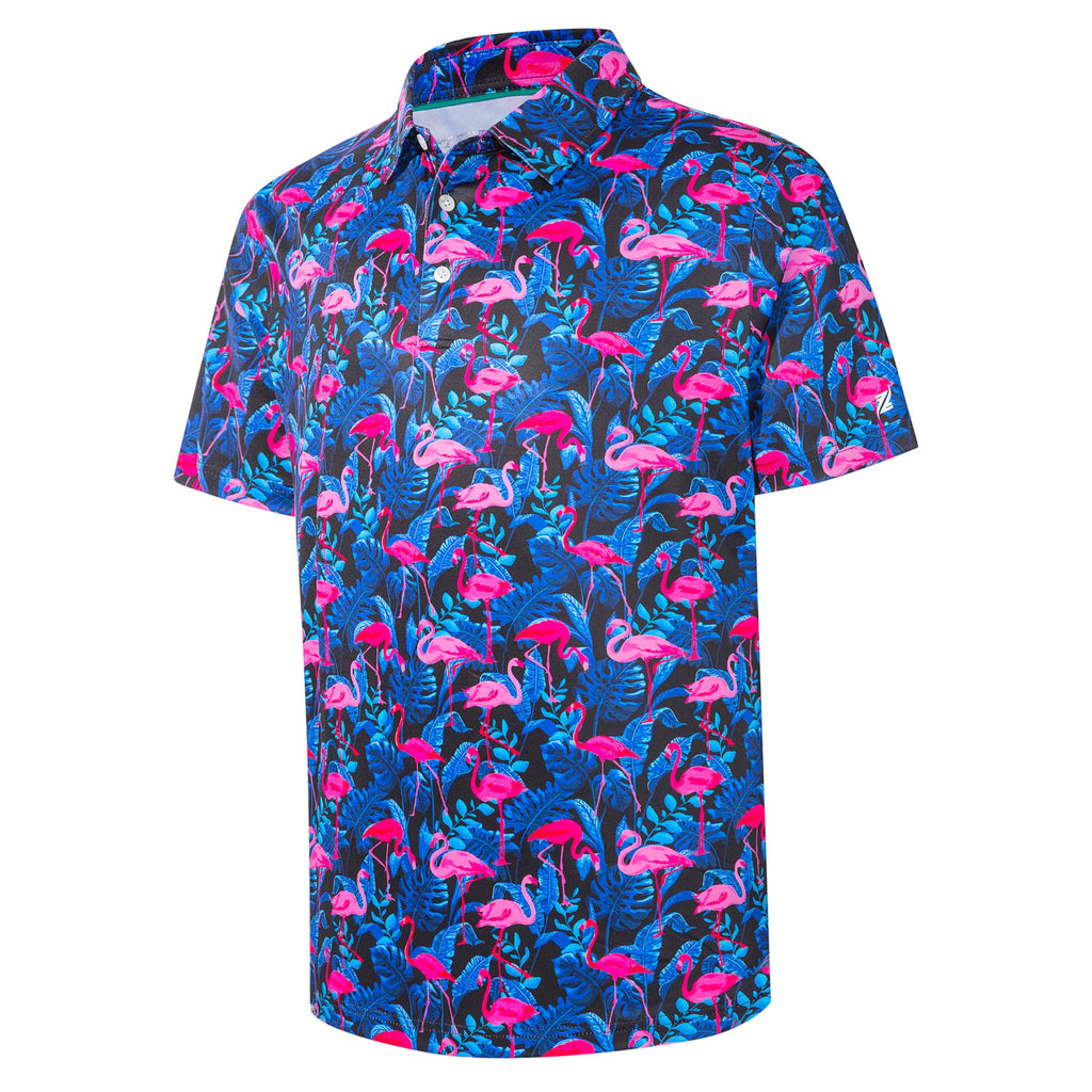 Men's Flamingo & Leaf Print Golf Polo Shirt – Moisture Wicking Dry Fit Short Sleeve (Blue, Small)