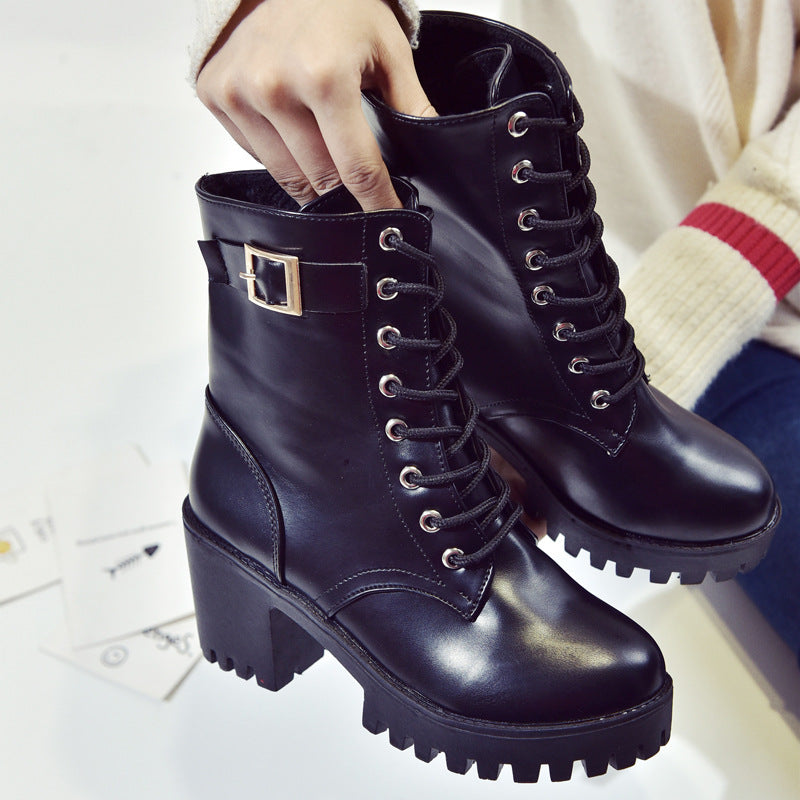 Damen Martin-Stiefeletten mit Schnürung und klobigem Absatz | Knöchelhohe Lederstiefel