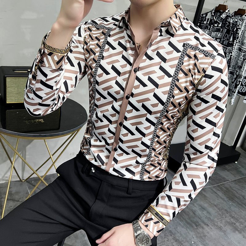 Men's Long Sleeve Digital Print Shirt – Classic Fit in Khaki | M–4XL