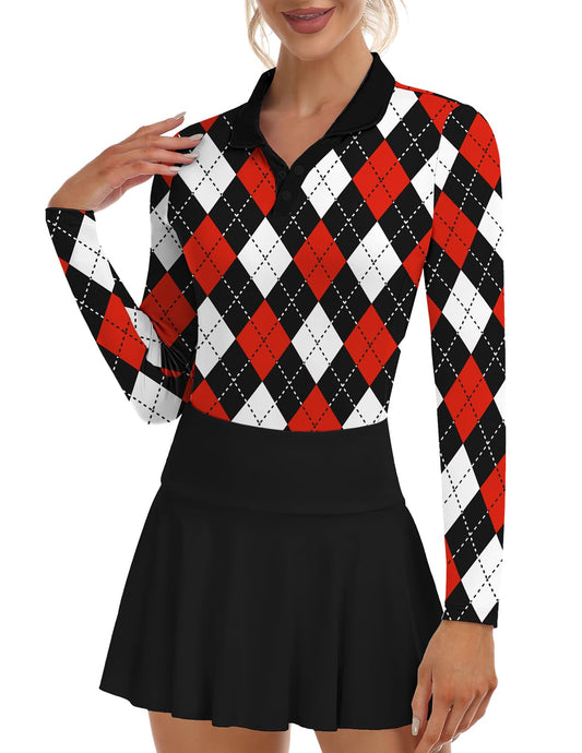 Women's Argyle V-Neck Golf Polo Shirt – Moisture Wicking Long Sleeve