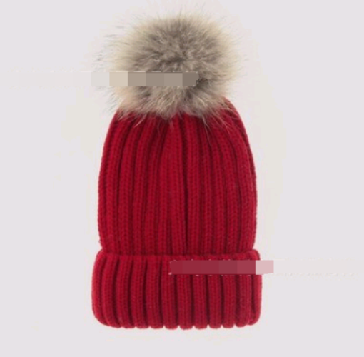 Solid Colour Knitted Hats with Faux Fur Pom Pom