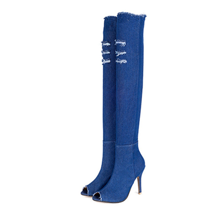 Women’s Denim Peep-Toe Over-the-Knee Boots