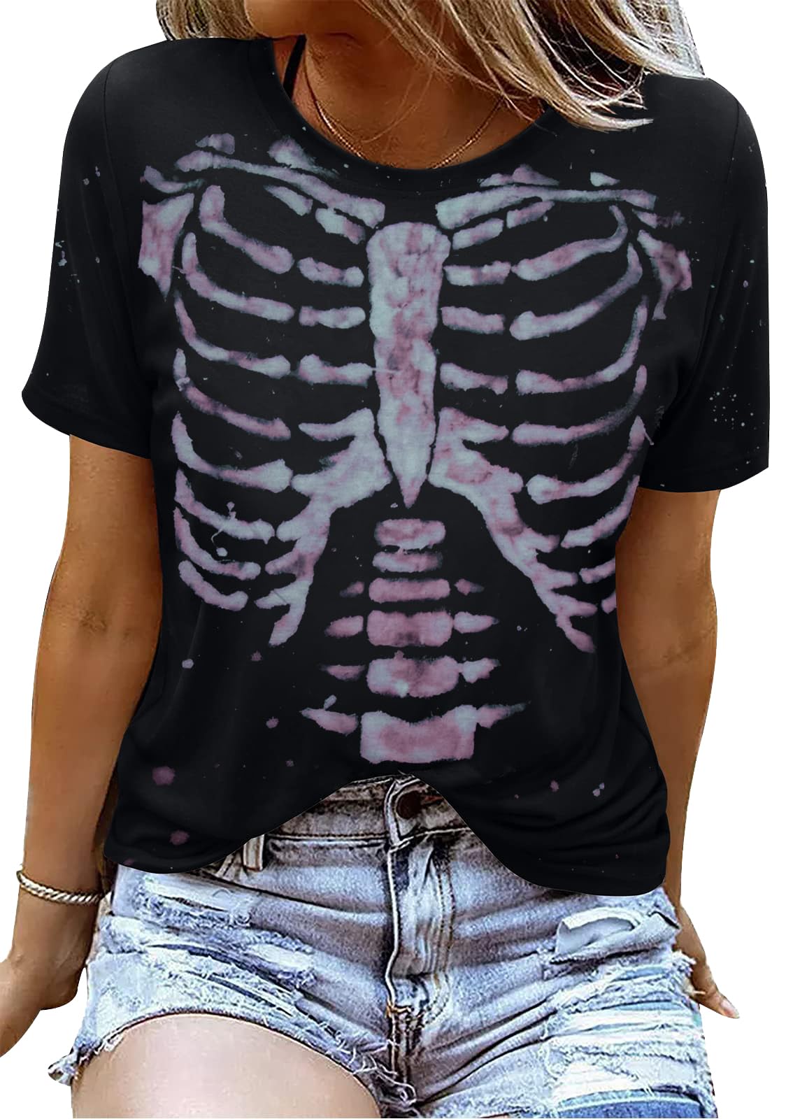 Damen Halloween Skelett Grafik T-Shirt – Vintage Horror Freizeit-Oberteil