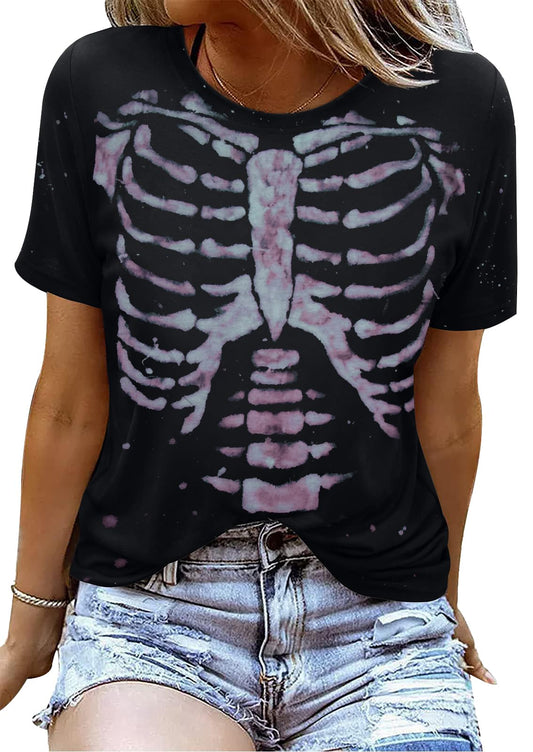 Women's Halloween Skeleton Graphic T-Shirt – Vintage Horror Casual Top