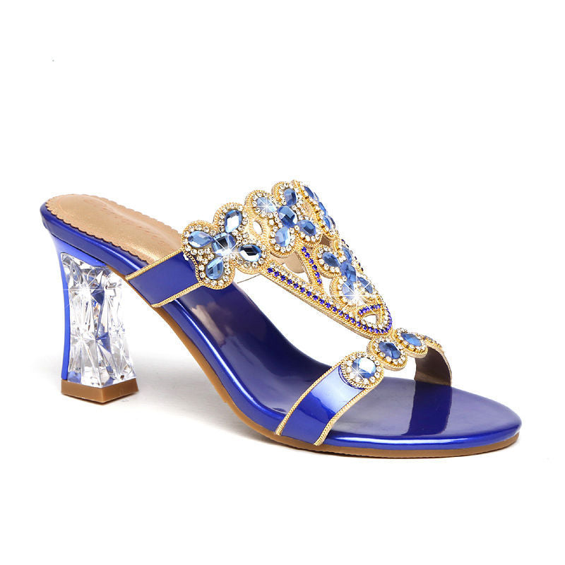 Rhinestone Block-Heeled Diamond Flower Sandals
