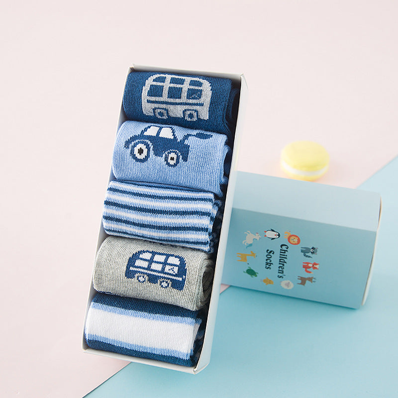 Kids’ Vehicle & Stripe Socks, 5 Pairs