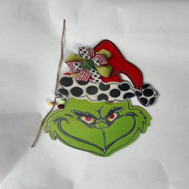 Christmas Wooden Door Sign – Festive Green Character Hanging Decor