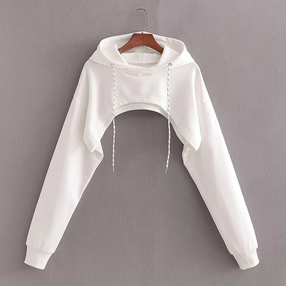 Sweat-shirt court à capuche et manches longues – Coupe ample en polyester blanc | Tailles S à L