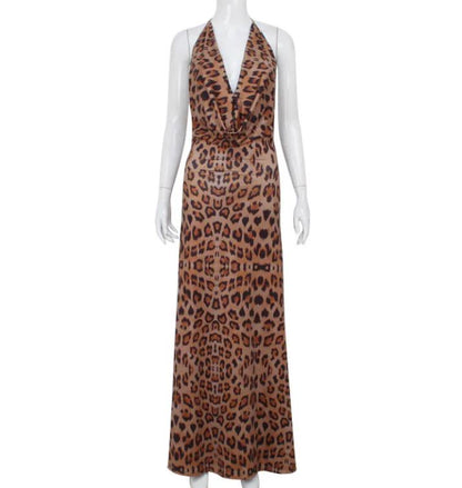 Women's V-Neck Halter Backless Leopard Print Dress | Slim Fit Occasion Dress