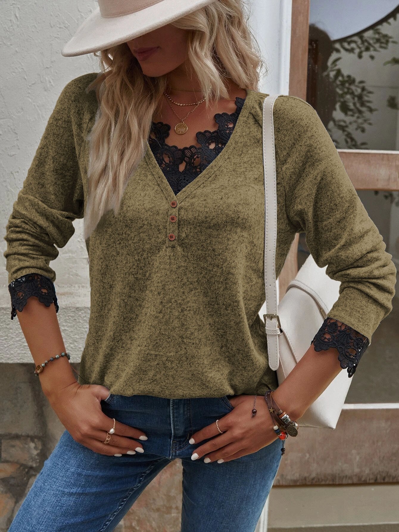 Damen Patchwork Strick T-Shirt Top