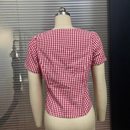 Women's Short Sleeve Plaid Button Shirt