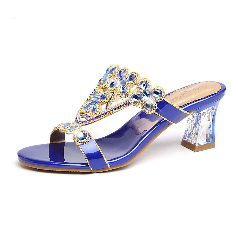 Rhinestone Block-Heeled Diamond Flower Sandals