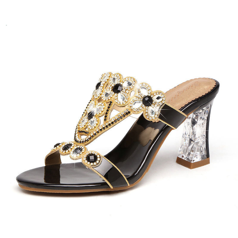 Rhinestone Block-Heeled Diamond Flower Sandals