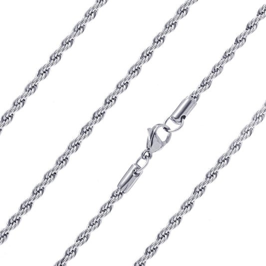 Men's Rope Chain Necklace | 28 Inch 3mm Stainless Steel | Waterproof & Tarnish Resistant