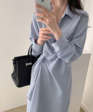 Asymmetric-Hem Polyester Shirt Dress