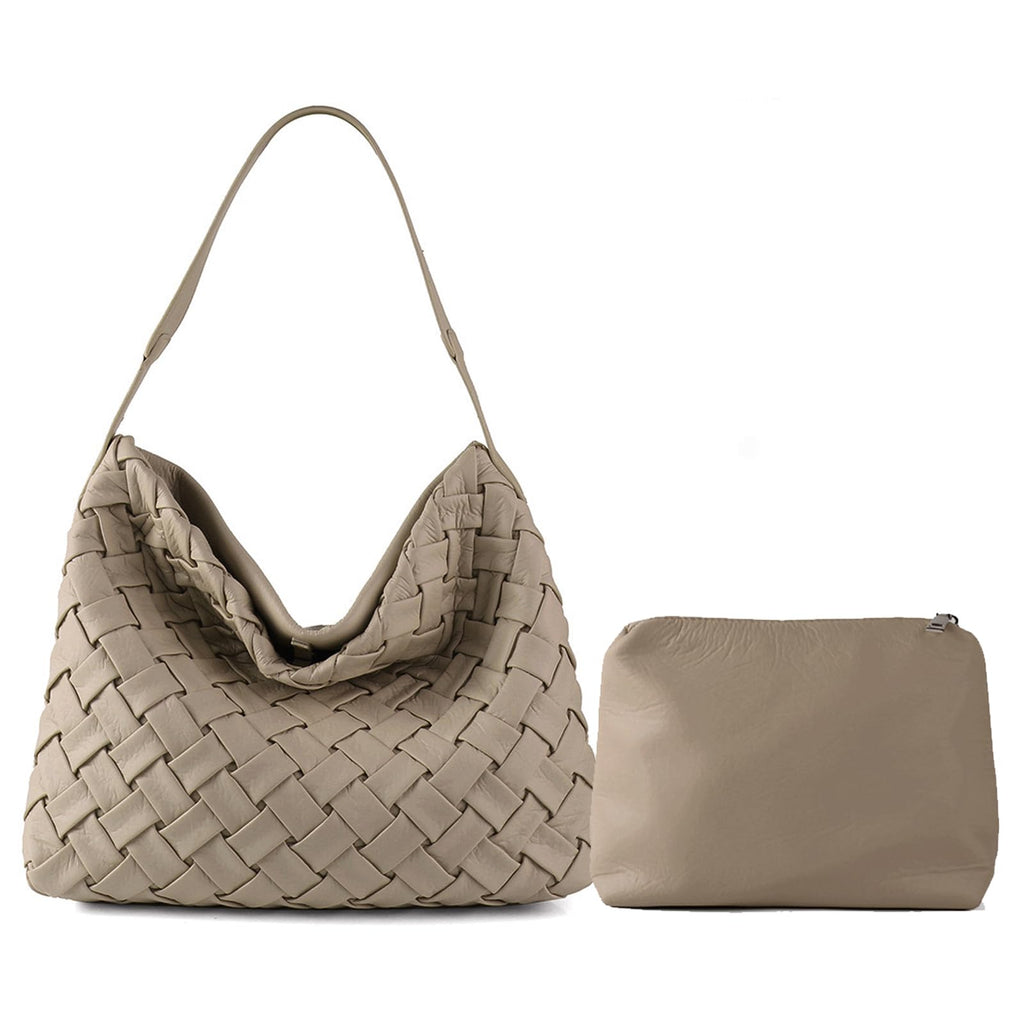 JINMANXUE Woven Vegan Leather Boston Bag for Women – Satchel & Clutch Set in Khaki