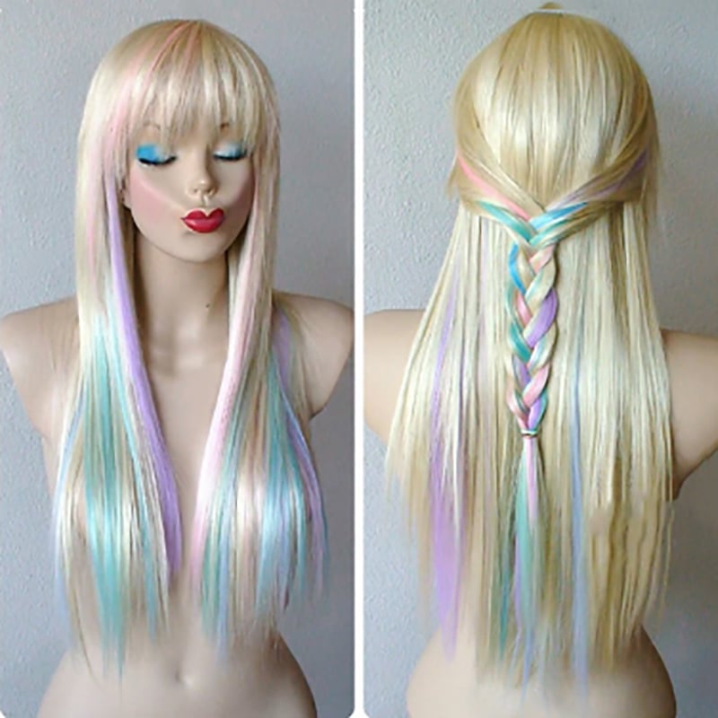Colorful Gradient Harajuku Wig – Ice Cream Pastel Tones | Straight & Braided Styles