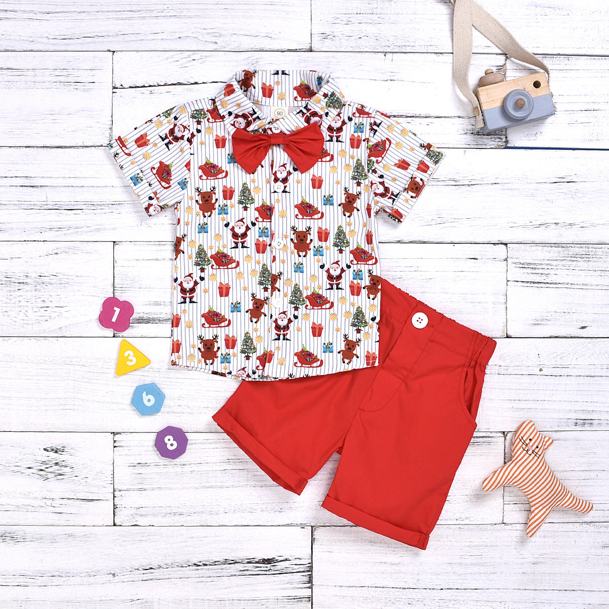 Christmas Print Bow Tie Boy Clothing Set
