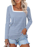 Damen gestreiftes Langarm-Oberteil mit eckigem Ausschnitt – Lässige Basic-Bluse