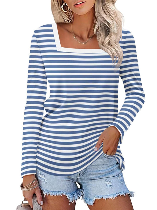Women's Striped Square Neck Long Sleeve Top – Casual Basic Blouse