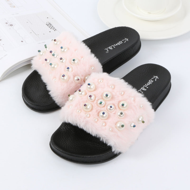 Chaussures Plates en Fourrure Ornées de Perles pour Femme – Automne Hiver