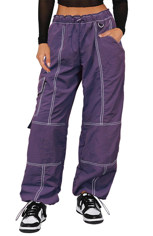 Women's Baggy Y2K Cargo Parachute Pants – Wide Leg Stitch Detail, Purple