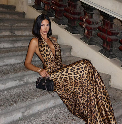 Women's V-Neck Halter Backless Leopard Print Dress | Slim Fit Occasion Dress