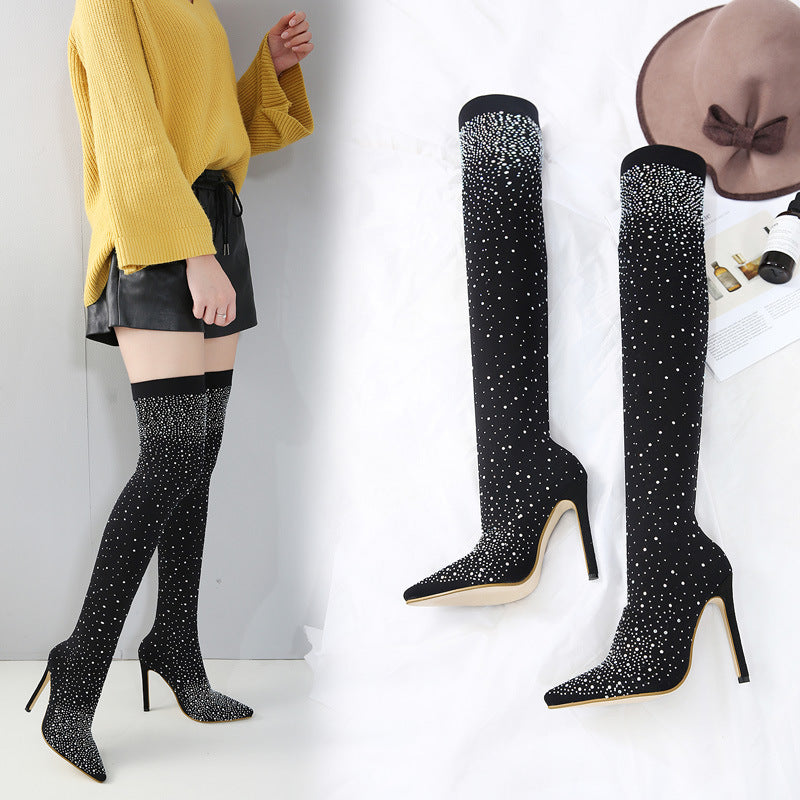 Rhinestone Knee-High Boots for Women – Stiletto Heel