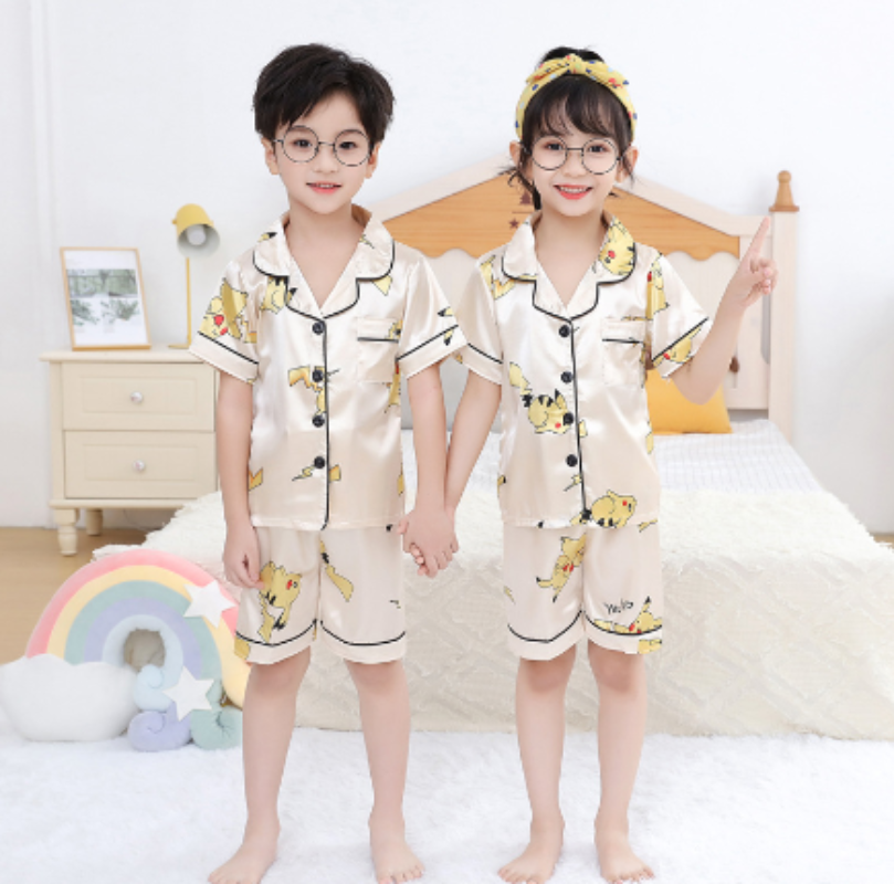 Kids' Cartoon Printed Silk Pyjamas Set