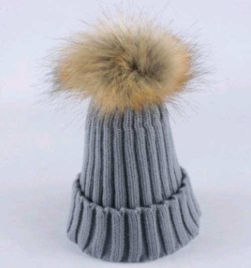 Solid Colour Knitted Hats with Faux Fur Pom Pom